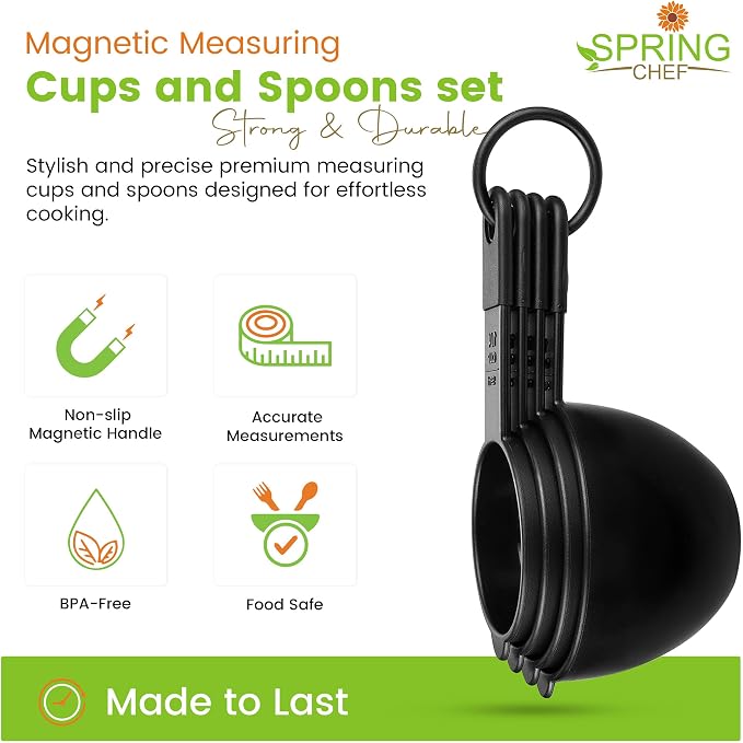 Spring Chef Black Magnetic Measuring Cups & Spoons - 9 pcs - Nesting Design | for Dry & Liquid Ingredients - Food Safe & BPA Free - Dishwasher Safe