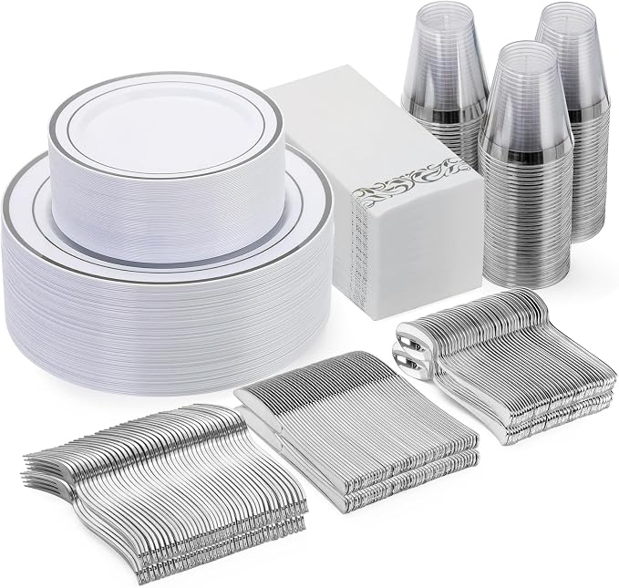 350 Pcs Silver Dinnerware Sets for 50 Guests, Disposable Plate Set | Plastic Plates for Wedding, Party, Include: 50 Dinner Plates, 50 Dessert Plates, 50 Paper Napkins, 50 Cups, 50 Silverware Set
