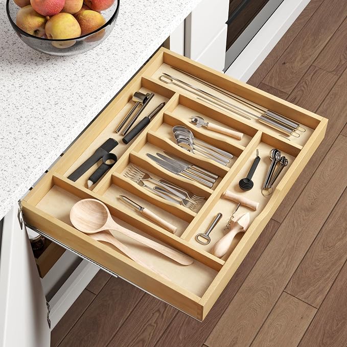WelFurGeer Premium Wooden Silverware Organizer for Kitchen Drawers, Utensil Tray for Kitchen Drawer, Cutlery Drawer Organizer for Forks, Spoons, Knives - Sturdy Birchwood, Natural Finish
