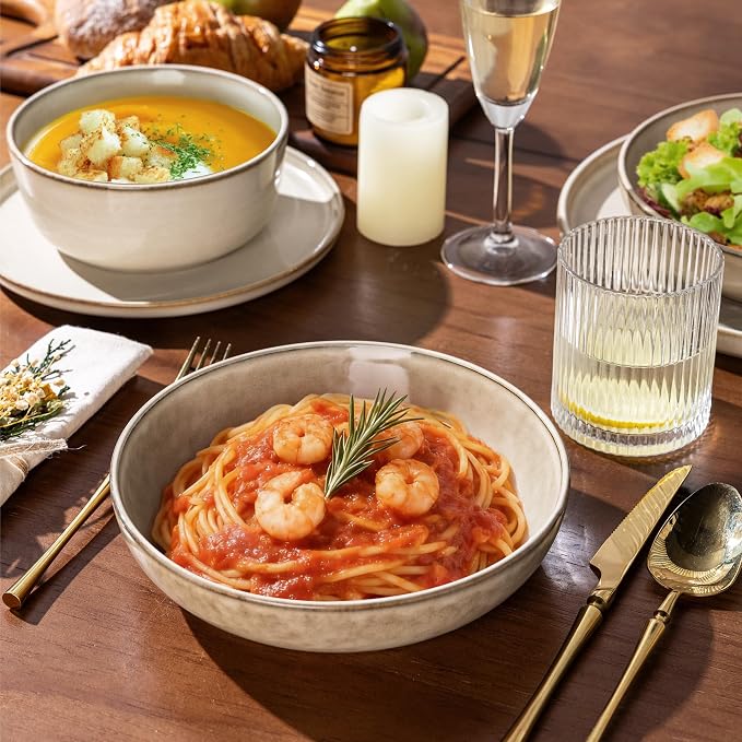 GBHOME Dinnerware Sets for 6, 24 Pieces Ceramic Plates and Bowls Set | Scratch Resistant Stoneware Dishes Set, Dishwasher & Microwave Safe, Reactive Glaze-Cappuccino