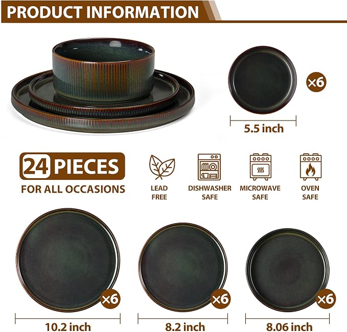 LIANYU Dinnerware Sets with Pasta Bowls, 24 Piece Ribbed Dinnerware Plates and Bowls Set for 6, Elegant Modern Stoneware Dishes Set for Kitchen Dining, Microwave and Dishwasher Safe, Jungle Green