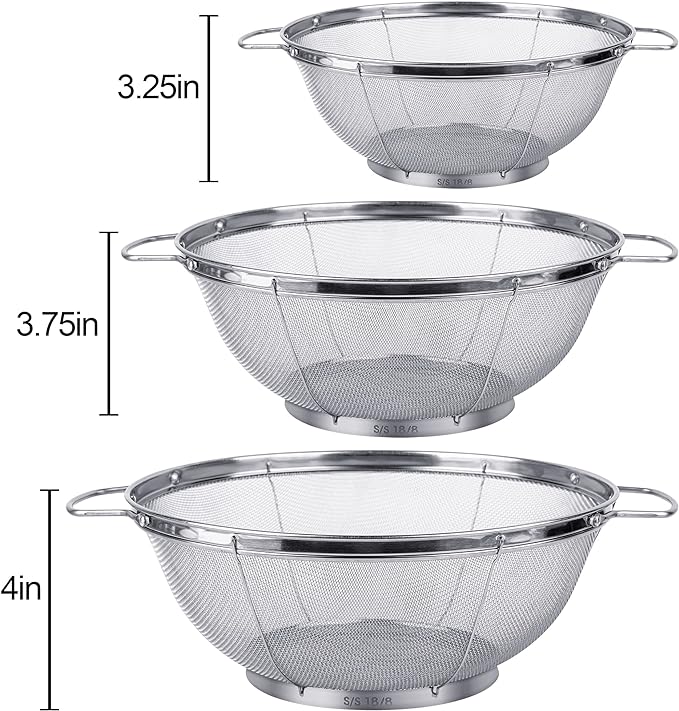 3 Pack 18/8 Stainless Steel Colander Sieves(5-Quart, 4-Quart and 3-Quart), Mesh Strainer Net Baskets with Handles & Resting Base for Strain, Drain, Rinse or Steam