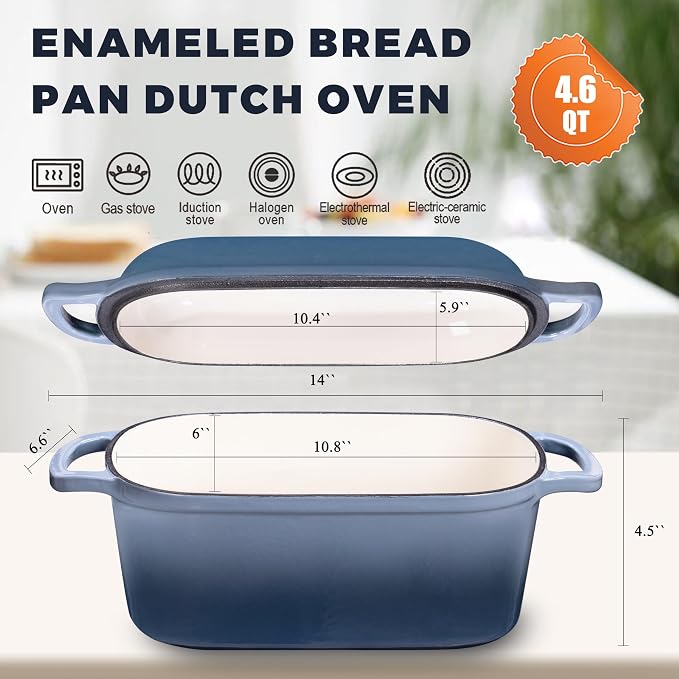 4.6 Quart Dutch Oven for Sourdough Bread Baking | Oval Bread Dutch Oven with Lid, Cast Iron Bread Pan for Crispy Crust, Steam Baking Design for Artisan Homemade Loave, Seasalt
