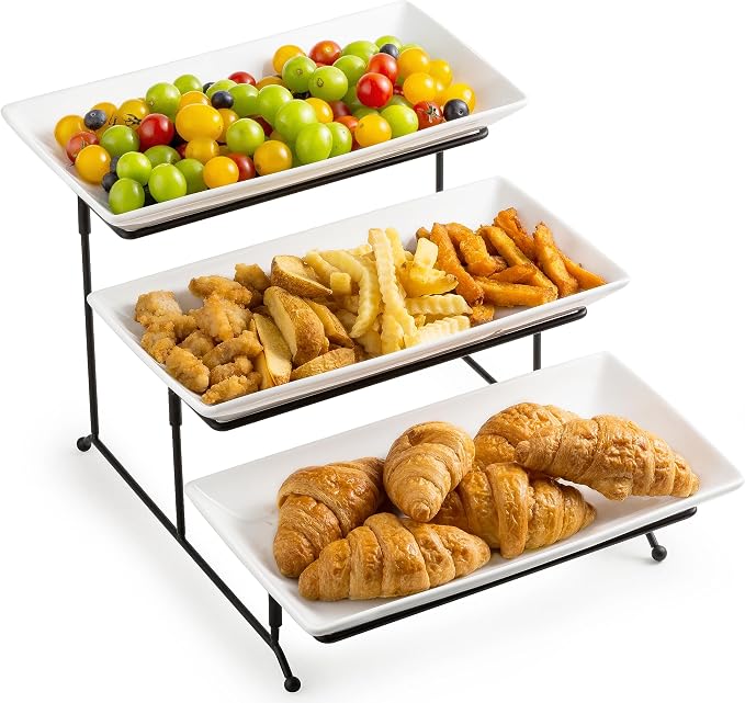 LYEOBOH 3 Tier Serving Tray, Tiered Serving Tray, Platters for Food Display | Tiered Serving Stand and Platters Set, 12 Inches Tier Serving Platter for Party, Dessert, and Cupcake, with Collapsible Rack