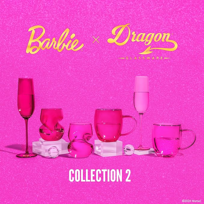 Dragon Glassware x Barbie Stemless Wine Glasses, 16 oz Set of 2 | Pink & Magenta Wine Glasses; Stemless Design with Finger Indentations; Aerates Naturally; Official Barbie Merch