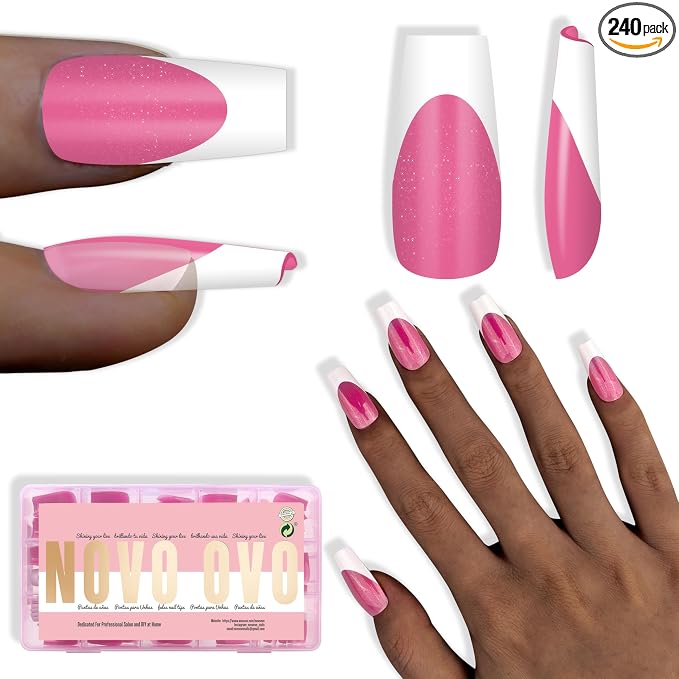 NOVO OVO White French Tip Coffin Nail Tips Press on, ROSE PINK, Extra Thick Medium Soft Gel Fake Nail Acrylic Extension, Need Builder Gel Top Coat, No Glue Included, for Salon DIY 15 Sizes x 240 pcs