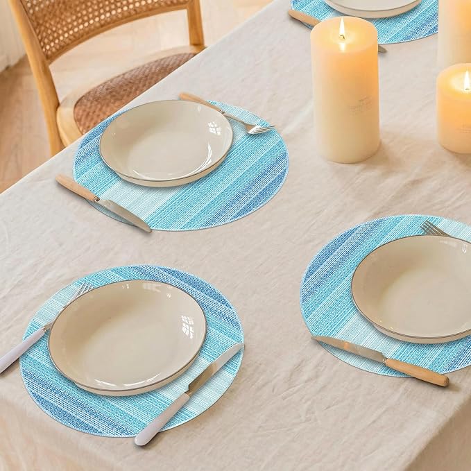 Round Placemats, Placemats Set of 4 Washable Place Mats, Blue 15" | Easy to Clean, Heat Resistant Table Mats, Wipeable Linen Placemat for Holiday Party Kitchen Dining Table Decoration