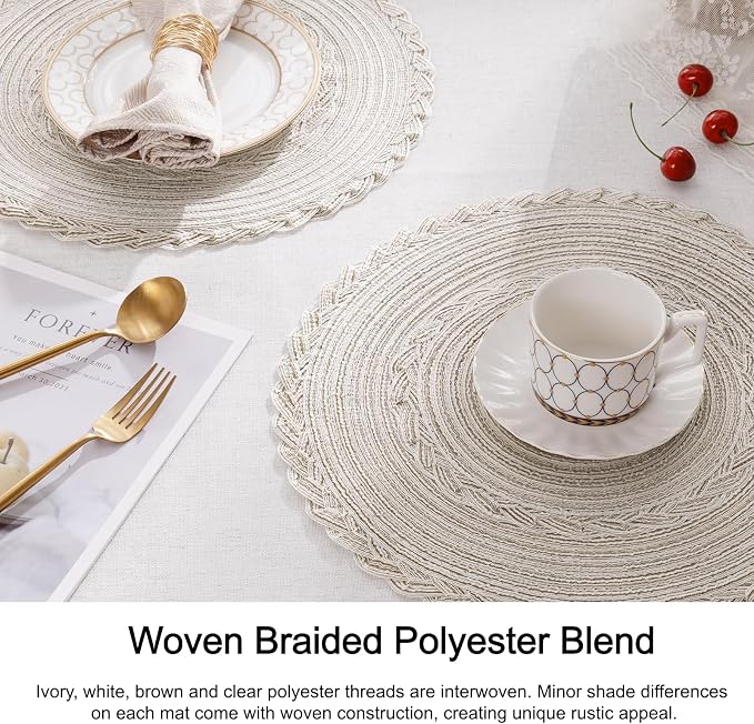 SHACOS 15 inch Round Braided Placemats Set of 12 for Dining Table Woven Boho Place Mats Kitchen Placemat Washable Table Mats, Ivory Bordered