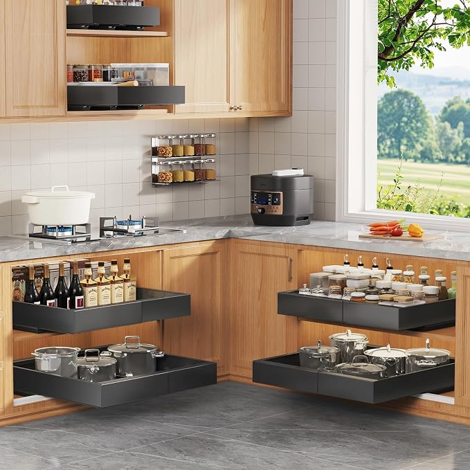 Seinloes 4 Pack Expandable Pull Out Cabinet Organizer 21"Deep With Raising Pad for Framed Cabinets,Upgrade 3 Slide Rails Slide Out Drawers,No Drill Roll Out Shelves,Adjustable Width 12.1"-20.4" Black