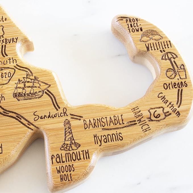 Totally Bamboo Destination Massachusetts State Shaped Cutting Board | State charcuterie serving board with engraved map artwork. Smooth reverse side for food prep. Hang tie for wall display.