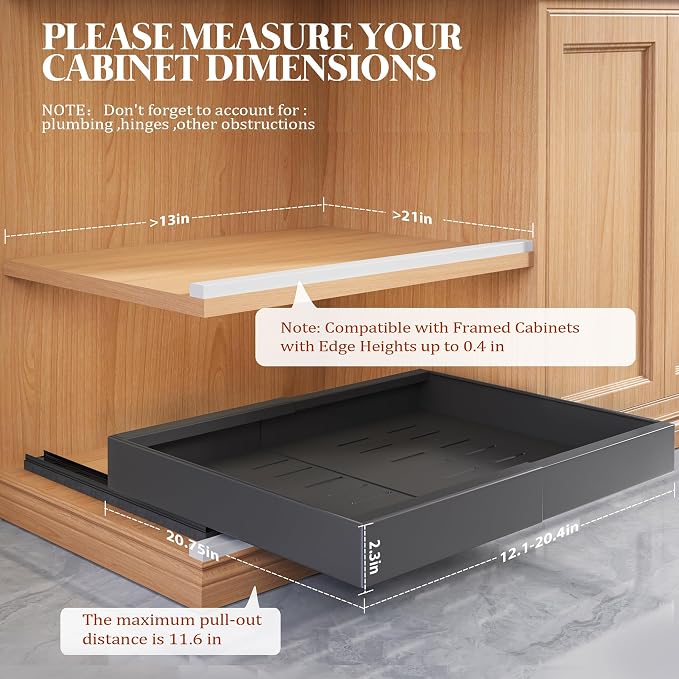Seinloes 4 Pack Expandable Pull Out Cabinet Organizer 21"Deep With Raising Pad for Framed Cabinets,Upgrade 3 Slide Rails Slide Out Drawers,No Drill Roll Out Shelves,Adjustable Width 12.1"-20.4" Black