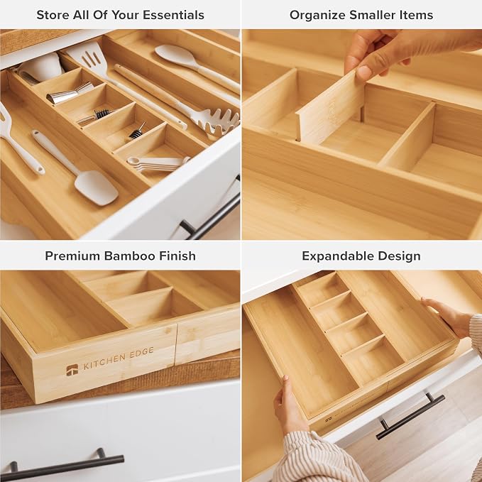 Utensil & Junk Drawer Organizer, 16-28 in, Bamboo | Food-safe contract grade, 100% sustainable wood, non-slip, adjustable