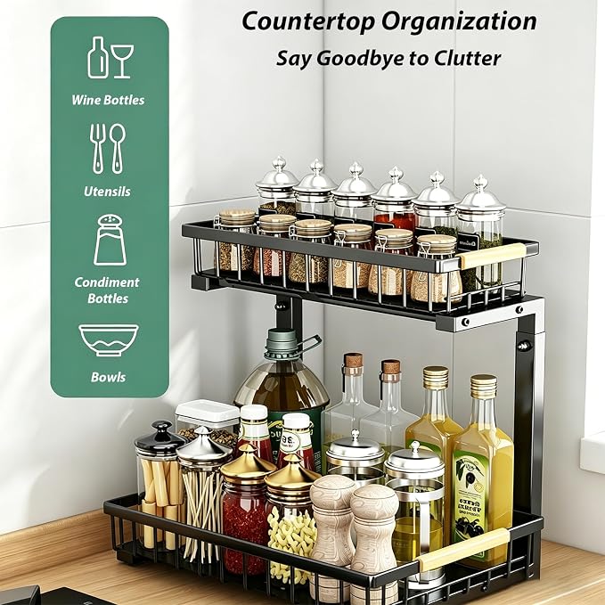 2 Pack Under Sink Organizer, 2-Tier Pull Out Kitchen Cabinet Organizer, Height Adjustable Metal Slide Out Bathroom Organizers and Storage Makeup Drawer Organizer for Office Bedroom (B-Black, 2Pack)