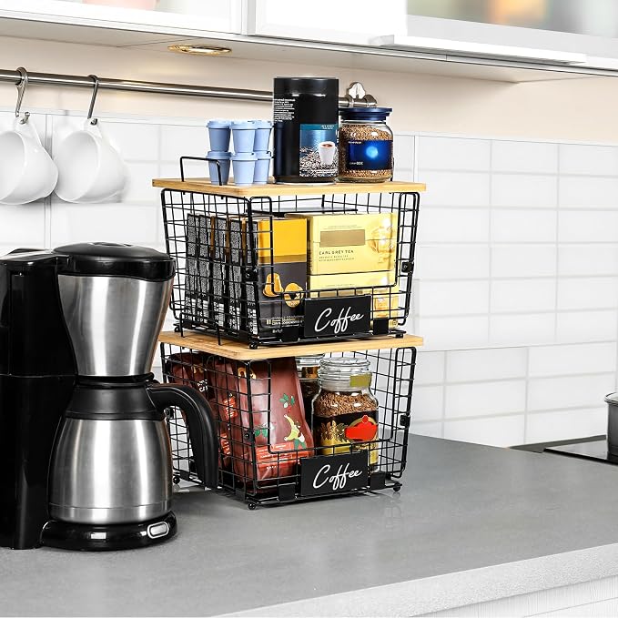 2 Set Large Stackable Wire Basket with Bamboo Tops & Tag- Pantry Organizer and Storage Bins, Kitchen Counter Cabinet Shelf Countertop Under Sink Organizing for Food Snack Produce Onion Potato Bread