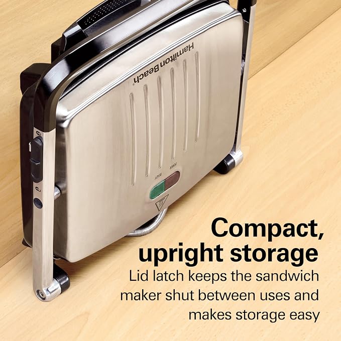 Hamilton Beach Panini Press, Sandwich Maker & Electric Indoor Grill | Floating Hinge Evenly Cooks Any Sandwich | Locking Lid | PFAS-Free Non-Stick 8" x 10" Grids | Stainless Steel