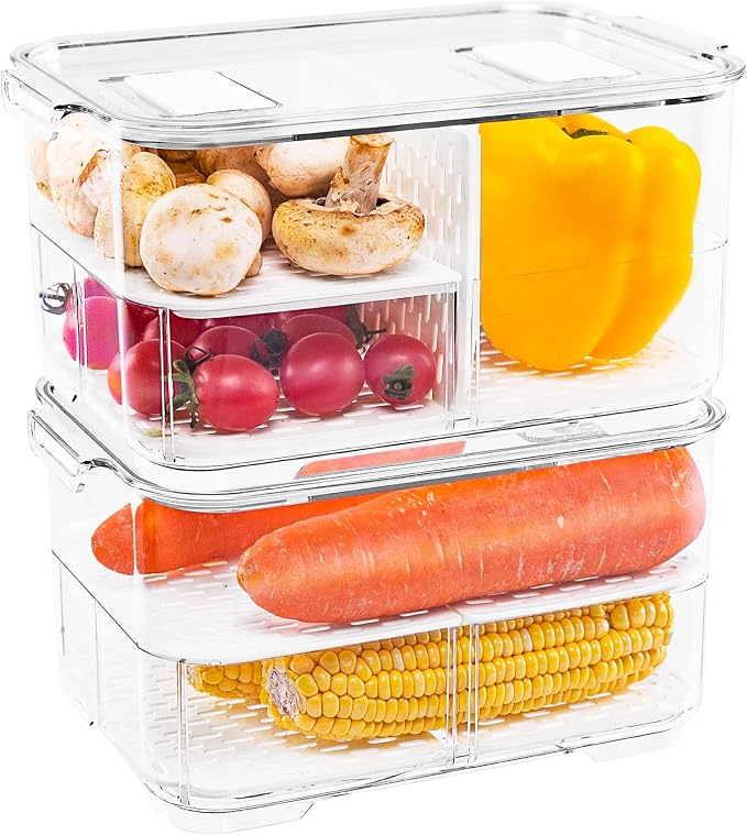 elabo Fridge Fruit Storage Containers, 2Pc Veggies Produce Saver Organizer | BPA-Free & Food Grade Containers, Keep Berries and Veggies Fresh, Large Capacity with Removable Drain Tray
