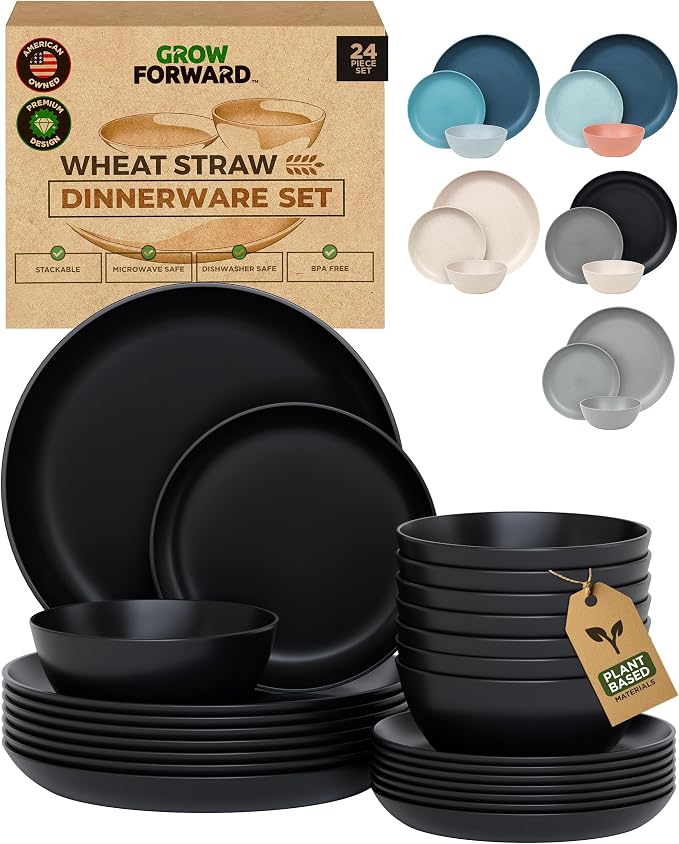 Grow Forward 24-piece Premium Wheat Straw Dinnerware Sets for 8 - Unbreakable Dishwasher & Microwave Safe Plastic Plates and Bowls Sets - Patio, Outdoors, RV, Camping Dishes - Midnight