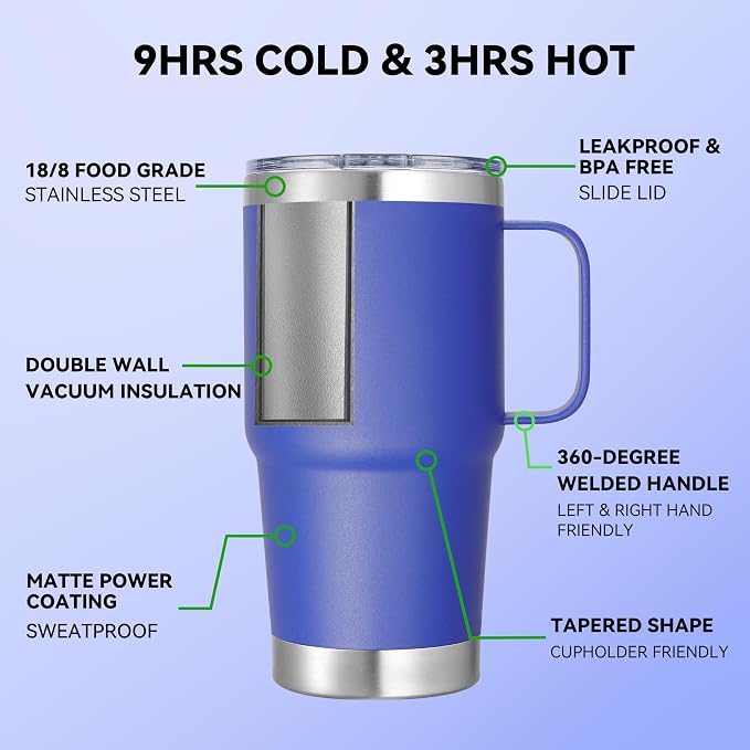 20 oz Stainless Steel Tumbler with Handle Metal Insulated Coffee Travel Mug with Handle Double Wall Tumbler Cup with Lid and Straw, Blue 1 Pack