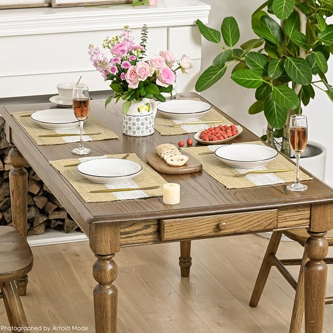 Artoid Mode Burlap Brown Farmhouse Rustic Placemats Set of 6,12x18 Inch Seasonal Hollow Table Mats Party Kitchen Dining Decoration