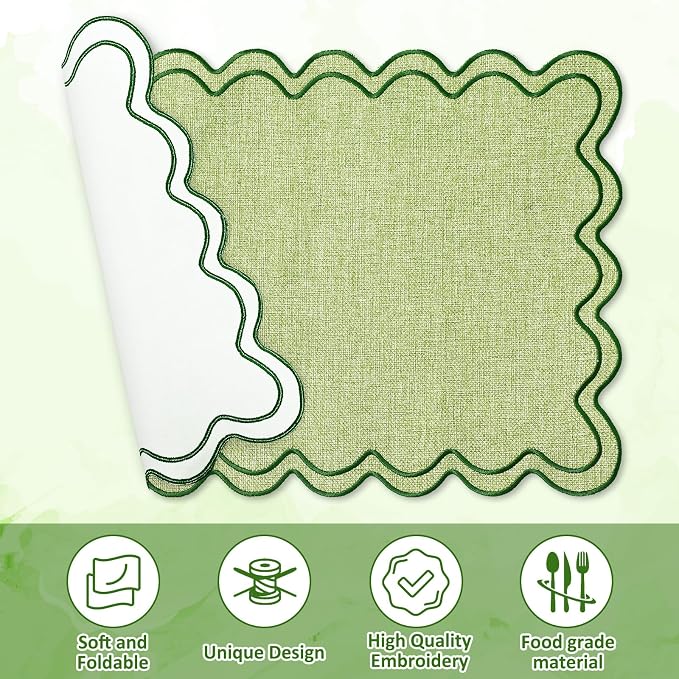 Whaline Sage Green Placemats Embroidered Scalloped Boho Kitchen Place Mats for Wedding Bridal Baby Shower Jungle Theme Party Home Dining Table Decor, Set of 6, 13 x 19 in