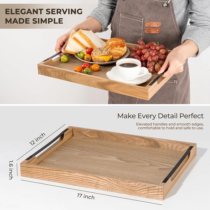 Wooden Serving Tray with Metal Handles|Ottoman Tray for Breakfast, Bed, Couch|17x13in Ash Wood Coffee Table Trays|Food Drinks Decorative Storage Boards for Ottoman Kitchen, Natural