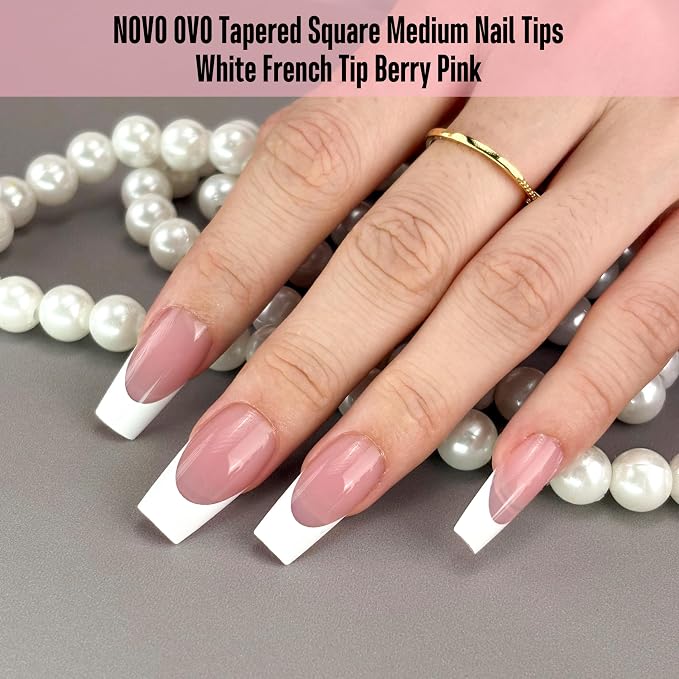 NOVO OVO White French Tip Medium Coffin Nail Tips Press on, BERRY PINK, Extra Thick Soft Gel Fake Nail Acrylic Extension, Need Builder Gel Top Coat, No Glue Included, for Salon DIY 15 Sizes x 240 pcs