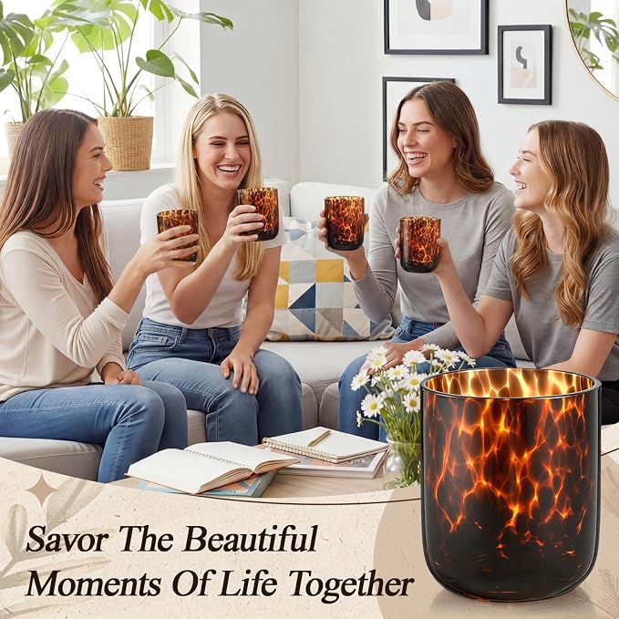 SiliFine Set of 2 Tortoise Shell Wine Glasses, 14oz Brown Decorative Tumbler Cups, Hand Blown Leopard Print Stemless Glassware for Home Decor, Ideal for Wedding Gifts, Housewarming, Cocktail Party