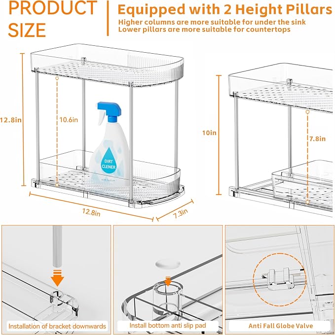 4 Pack Large Pull Out Bathroom Organizers and Storage,2 Tier 12.8″ Tall Sliding Kitchen Under Sink Organizer for Cleaning Products Storage,Acrylic Clear Bathroom inder Sink Organizer,Undersink Storage
