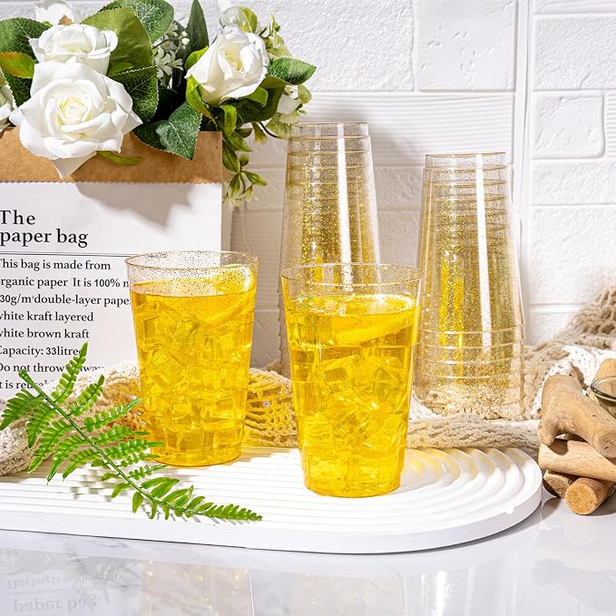 I00000 50 Pack 14 oz Gold Plastic Cups, Disposable Tumblers Gold Glitter Plastic Cups, Disposable Wine Glasses Cocktail Glasses Perfect for Wedding & Party
