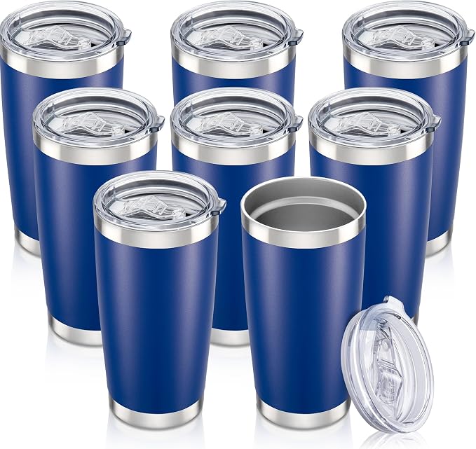 20 oz Tumbler with Lid Stainless Steel Insulated Tumblers Bulk Cups Mug | Double Wall Vacuum, Powder Coated, Keep Drinks Cold and Hot, Waterproof Lid, Fit of Car Cup Holders, Blue, 8 Pack