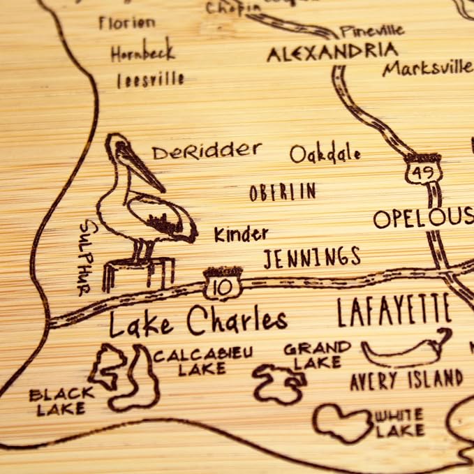 Totally Bamboo A Slice of Life Louisiana Engraved Map Cutting Board | 11” x 8.75” charcuterie board with engraved state map artwork. Smooth reverse side for food prep. Hang tie for wall display.