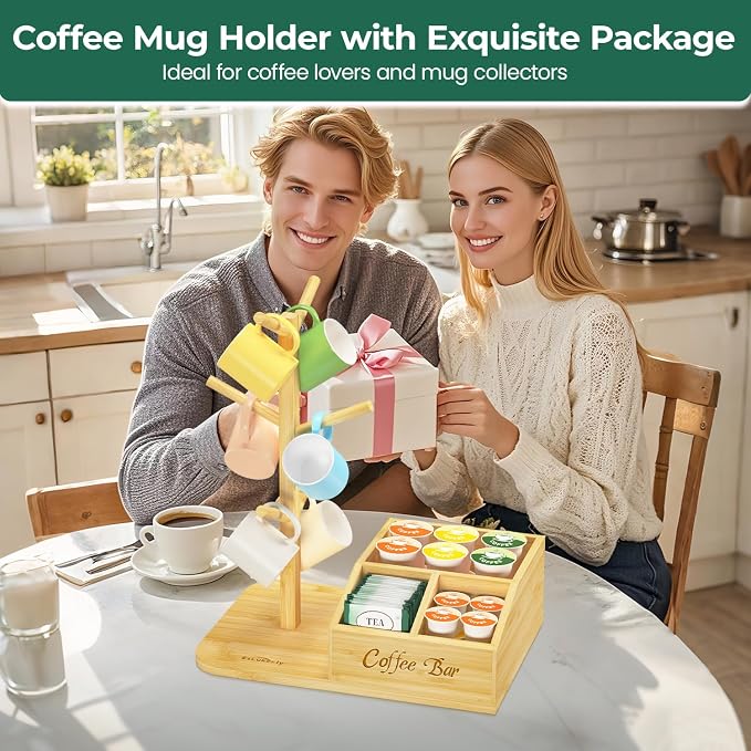 EsLuker.ly Mug Tree Holder Stand, Countertop Bamboo Coffee Cup Organizer | Rack for Kitchen Office, Space-Saving Coffee Station Bar Organizer with 6 Hooks, Modern Design Enhances Decor