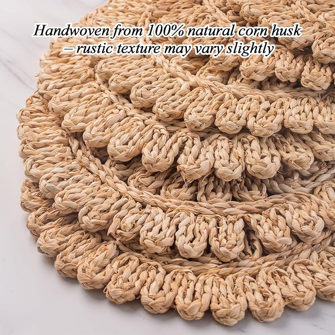 15" Set of 8 Round Woven Corn Husk Placemats by Laquedecraft | Protects Tables from Heat & Scratches, Perfect for Everyday Dining, Family Gatherings and Holiday Entertaining