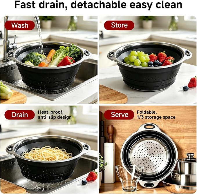 Mejoncb Collapsible Colander – Platinum Silicone Strainer with Stainless Steel Base, BPA-Free & Heat Resistant Kitchen Drain Basket (Black)