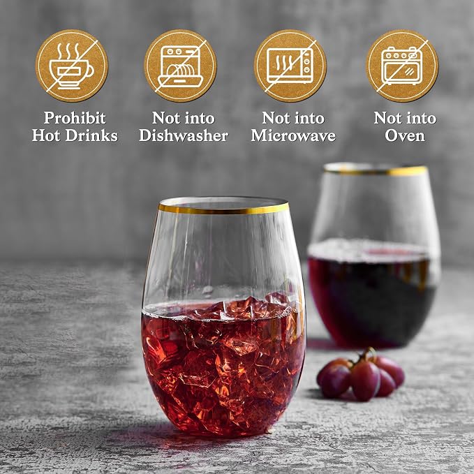 FOCUSLINE 20pcs 16 Oz Plastic Wine Glasses, Stemless Gold Rim, Heavy Duty Disposable Drinking Cups, Reusable Shatterproof for Party & Wedding | Thick and Durable, Shatter-Resistant, and Reusable; Ideal for Weddings, Parties, Toasts, and Various Celebra...