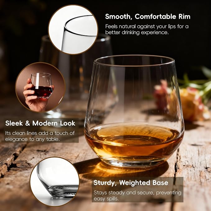 Stemless Wine Glasses Set of 6, 13.5 oz Crystal Clear Wine Glasses for Red & White Wine, Lead-Free Dishwasher Safe Drinking Glasses for Home Bar, Parties and Everyday Use