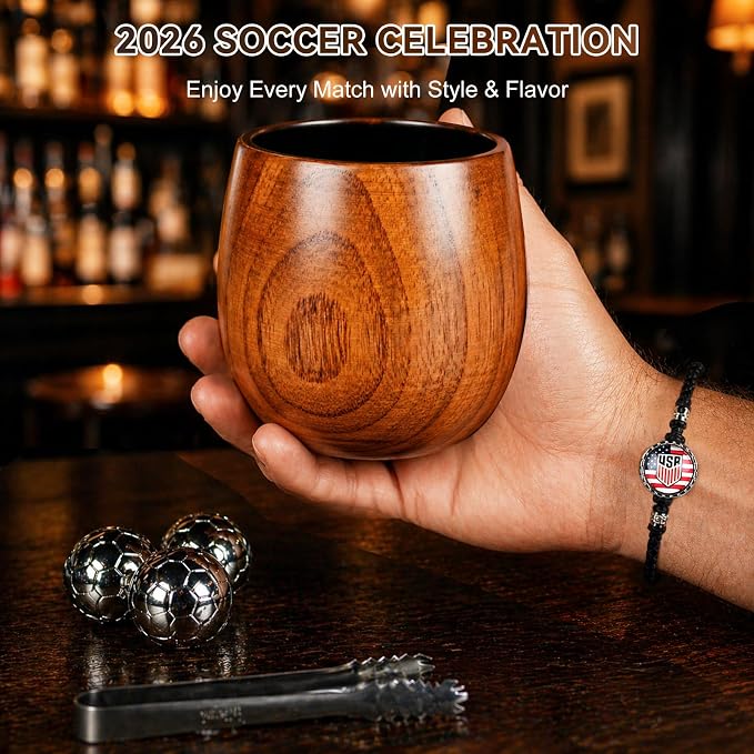 Charred Wooden Bourbon Drinking Glass Wooden Whiskey Glasses Set of 2 Complete Whiskey Gift Set Old Fashioned Glass Bourbon Gifts for Men (2 Pack Soccer)