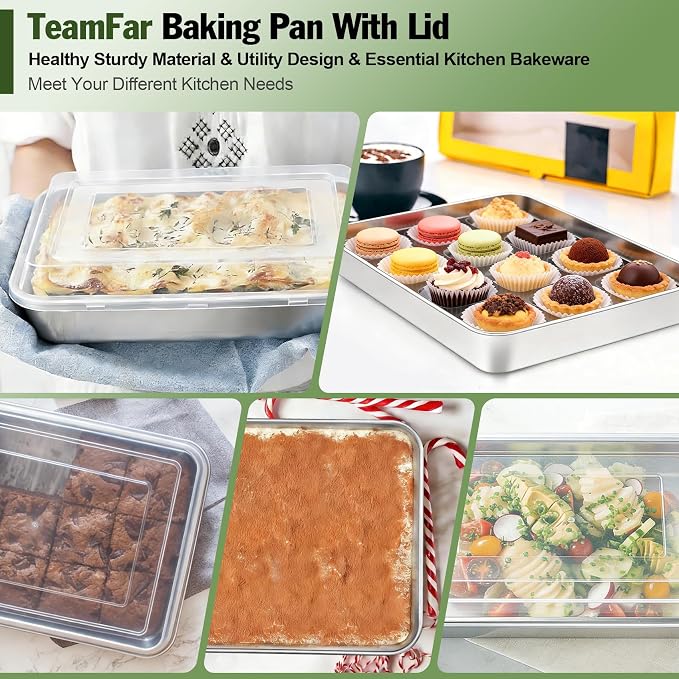 TeamFar Baking Pan with Lid, 12.5"x9.8" Rectangule Cake Pan- 1Pan + 1Lid | Stainless Steel Lasagna Pan with Cover for Cake Brownie Casseroles, Birthday Party Outdoor, Healthy, Oven & Dishwasher Safe