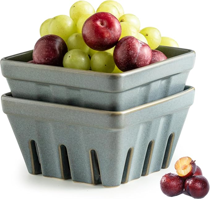 Gomakren Fruit Basket for Kitchen, Berry Washing Bowl, Ceramic Berry Basket Set of 2, Fruit Bowl with Holes, 5.7 Inch Square Berry Containers for Fridge, Table, Modern Kitchen Decor, Slate Blue