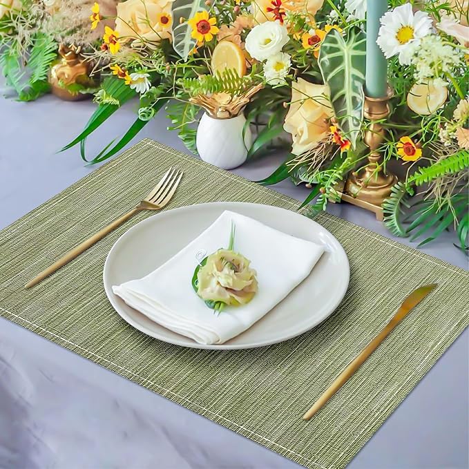 Green Placemats Set of 4, 12x18 Inch Faux Linen Table Mats | Heat Resistant and Washable Design, Easy to Clean Surface for Dining Rooms, Kitchens, Outdoor Parties and Everyday Home Decor