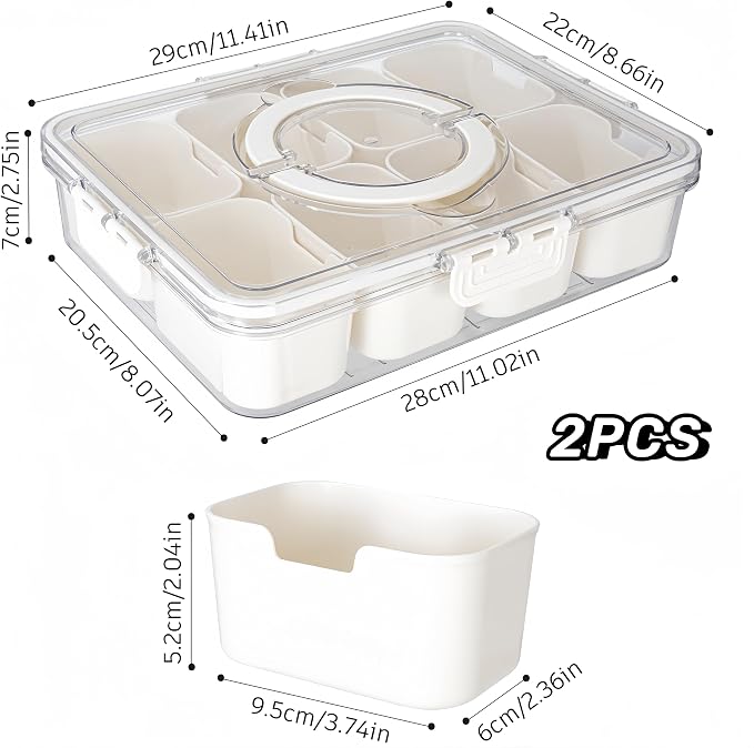 Dingerjar Divided Serving Tray with Lid and Handle - Divided Snack Tray for Portable Snack Platters - Clear Organizer for Candy, Fruits, Nuts, Snacks - Perfect for Party, Entertaining，2 pcs