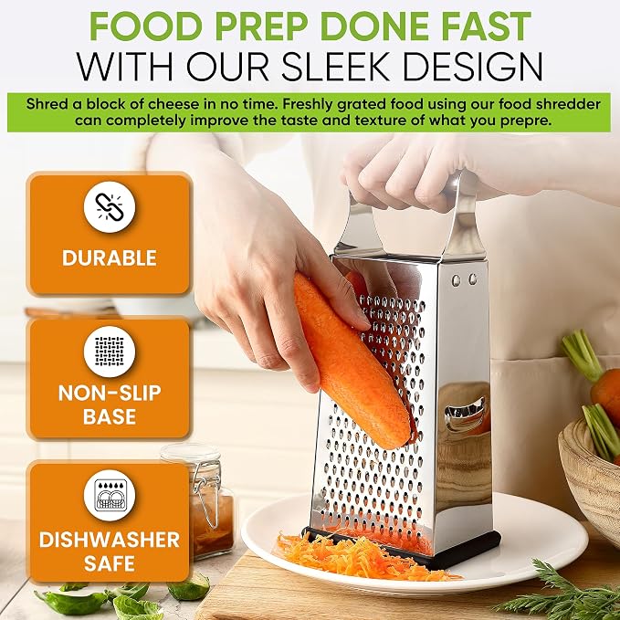 Spring Chef Stainless Steel Cheese Grater, Large Box Grater for Kitchen | 4 Sided Handheld Vegetable Shredder, Kitchen Food Grater for Cheese, Potato, Carrot, Ginger, Veggie, Dishwasher Safe