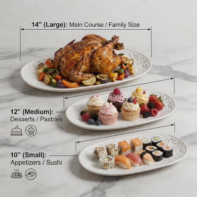Serving Platters Set, 14"/12"/10" Oval Ceramic Serving Plates, Embossed Serving Trays for Party, Oven Dishwasher Safe, Vintage White Serving Dishes for Entertaining, Appetizers, Pasta, Sushi