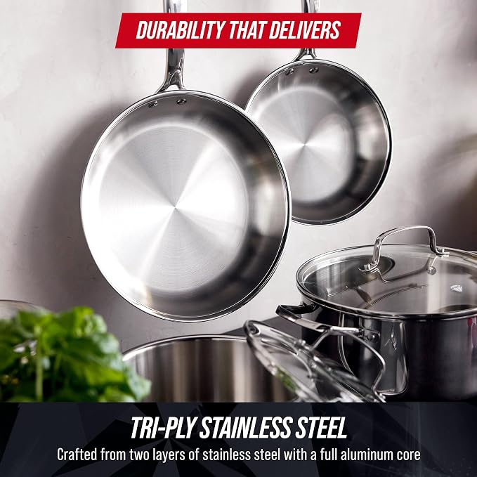 Blue Diamond Pro Steel 2 Piece Tri-Ply Stainless Steel Frying Pan Set | 9.5" & 11" Multi Clad Skillets, Induction & All Stovetop Suitable, Mirror Polished Finish, Dishwasher Safe, Oven Safe to 850F