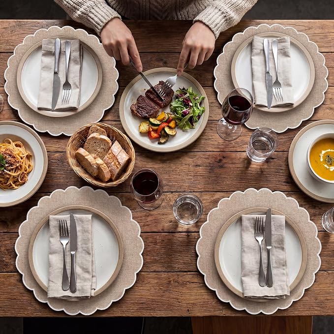 Set of 12 Linen Boho Cotton Placemats 15" Round Scalloped White | Double Layered Cotton Fabric, Washable Embroidery, White Edge Edge, Rustic Table Mats for Wedding Dining Table Decor