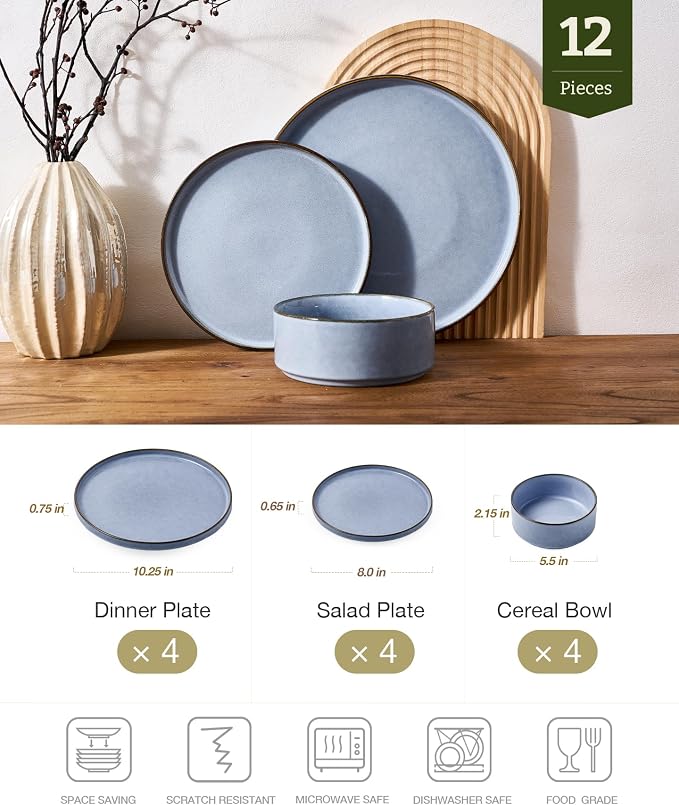 Famiware Annecy 12-Piece Stoneware Dinnerware Set, Reactive Blue | Stoneware Plates and Bowls for 4, Handmade Reactive Glaze, Microwave & Dishwasher Safe, Chip & Scratch Resistant