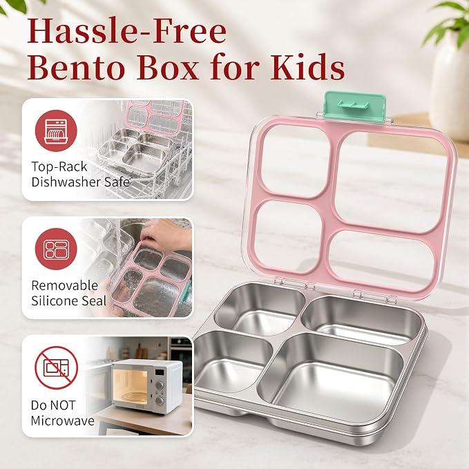 Stainless Steel Lunch Box for Kids, Leakproof 4 Compartment Kids Bento Lunch Box with Clear Lid, BPA-Free Steel Lunch Box Containers for School Travel (Pink)