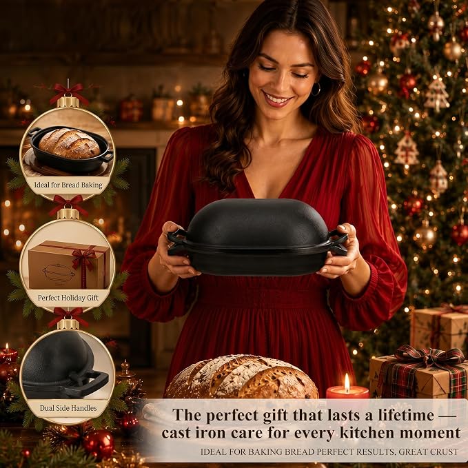 QuliMetal 16"x10" Oval Cast Iron Dutch Oven for Bread Baking, Bread Loaf Pan With Sourdough Bread Making Kit, Pre-Seasoned Bread Dutch Oven With Lid, 9.5QT, 13 LBS Heavy Duty, Homemade Breadmaking