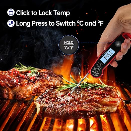 Lonicera Instant-Read Meat Thermometer, 1-Second, IP67 Waterproof, Red | Thermocouple sensor delivers readings in 1 second with ±0.9°F accuracy, plus IP67 waterproofing, auto-rotate and wake