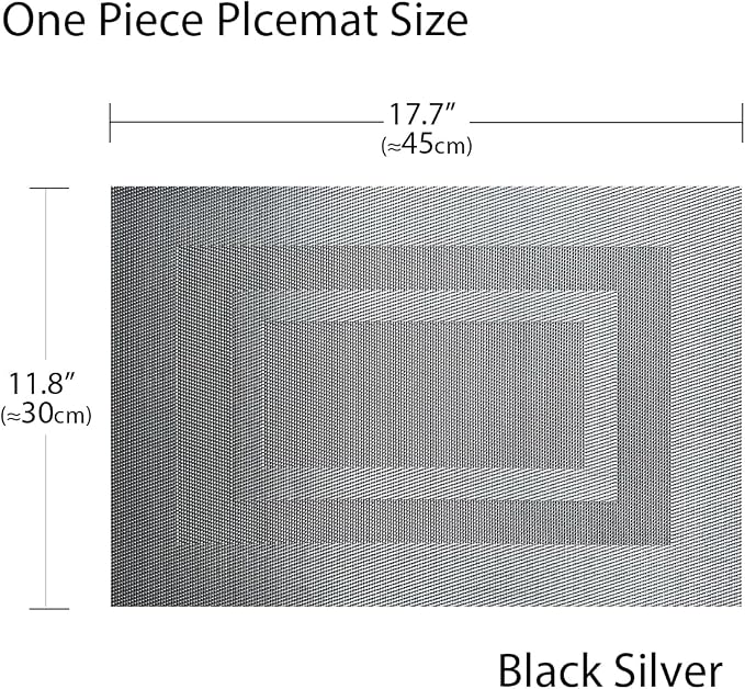 PIGCHCY Placemats Set of 12 Washable Durable Place Mats Vinyl Heat Resistant Non-Slip Table Mats Indoor Outdoor (18 x 12 inches, Silver Black)